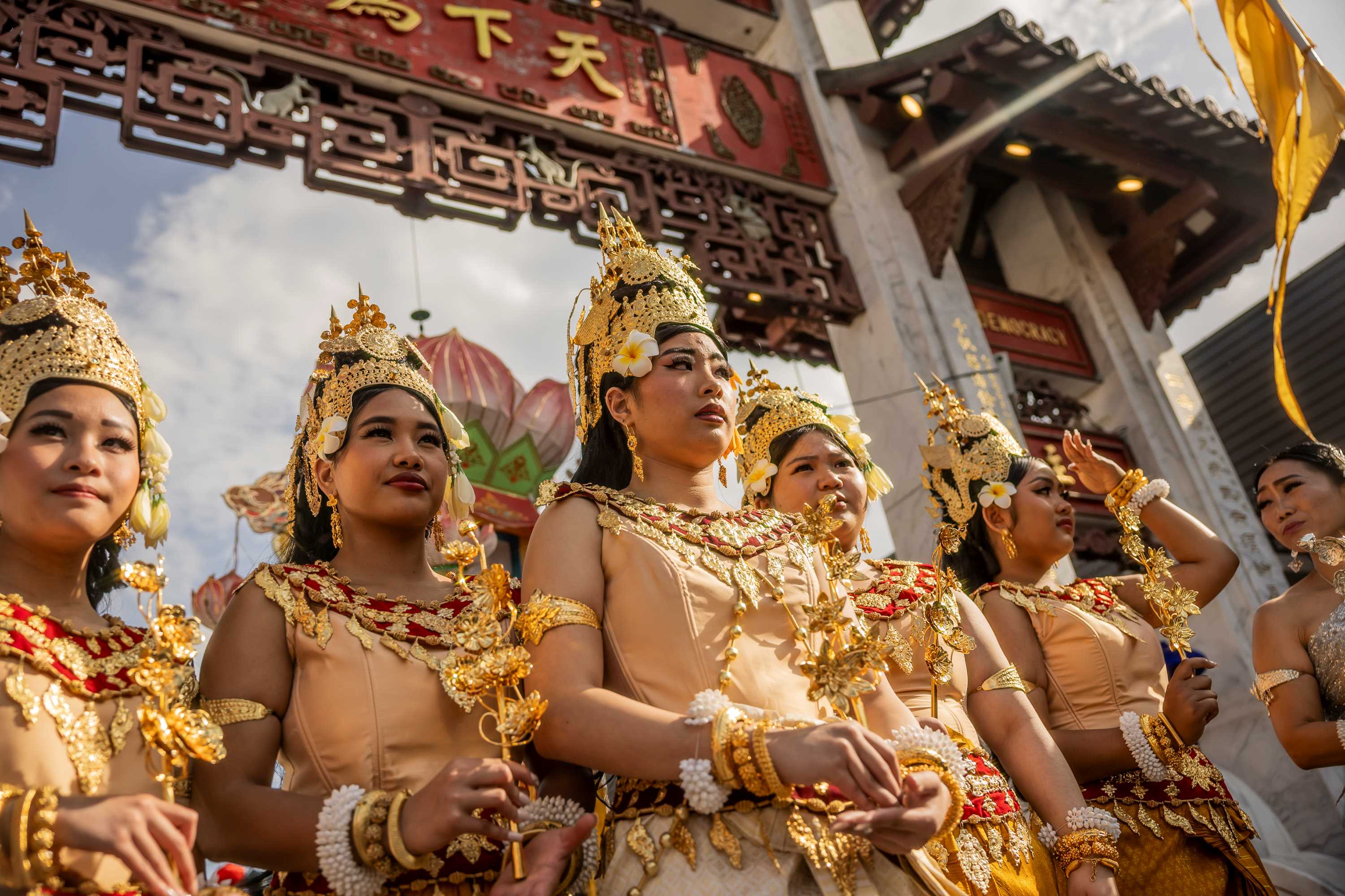 Cambodian Living Arts and Culture performers at the Pai Lau gateway