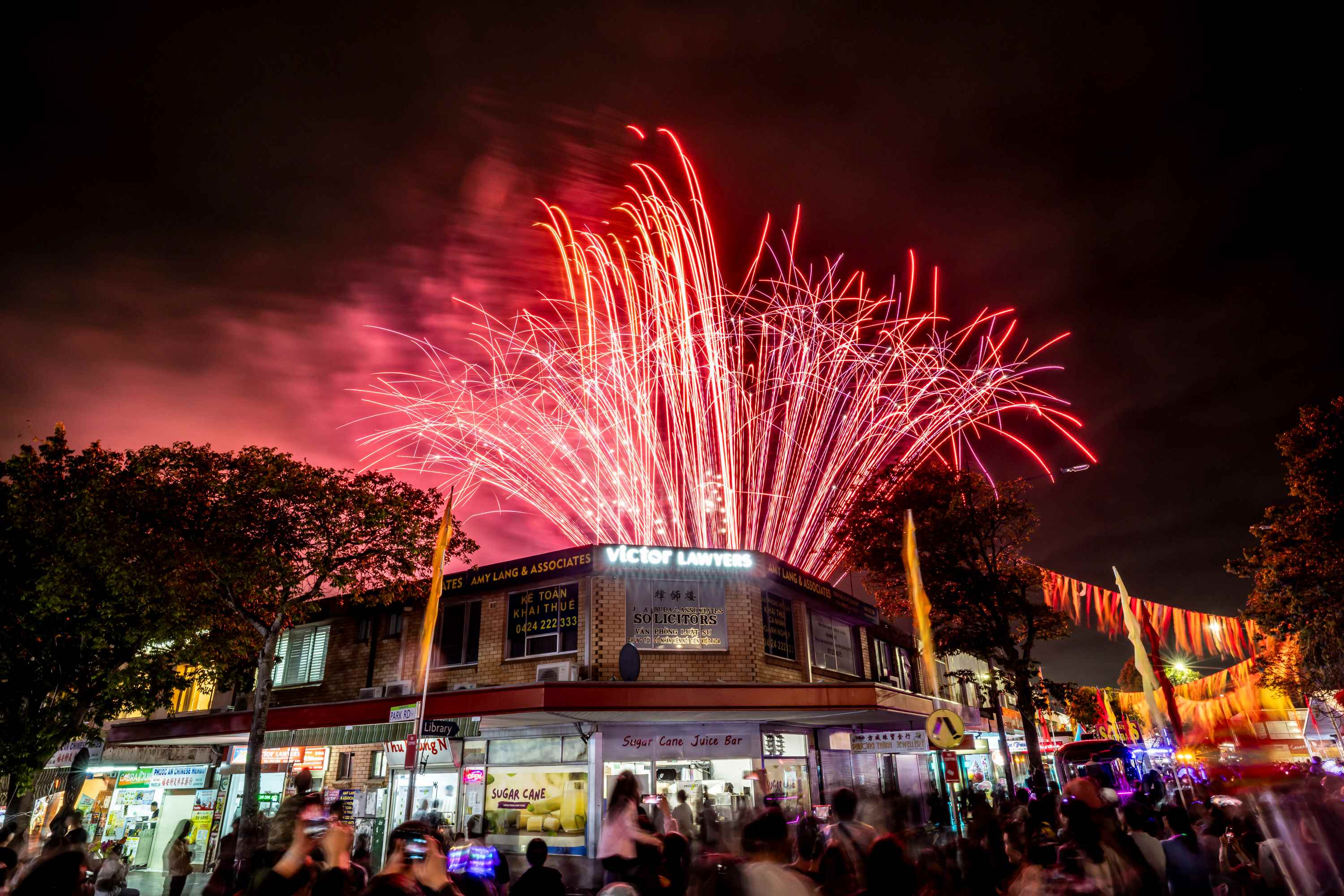 Fireworks lighting the sky above the Cabramatta Moon Festival