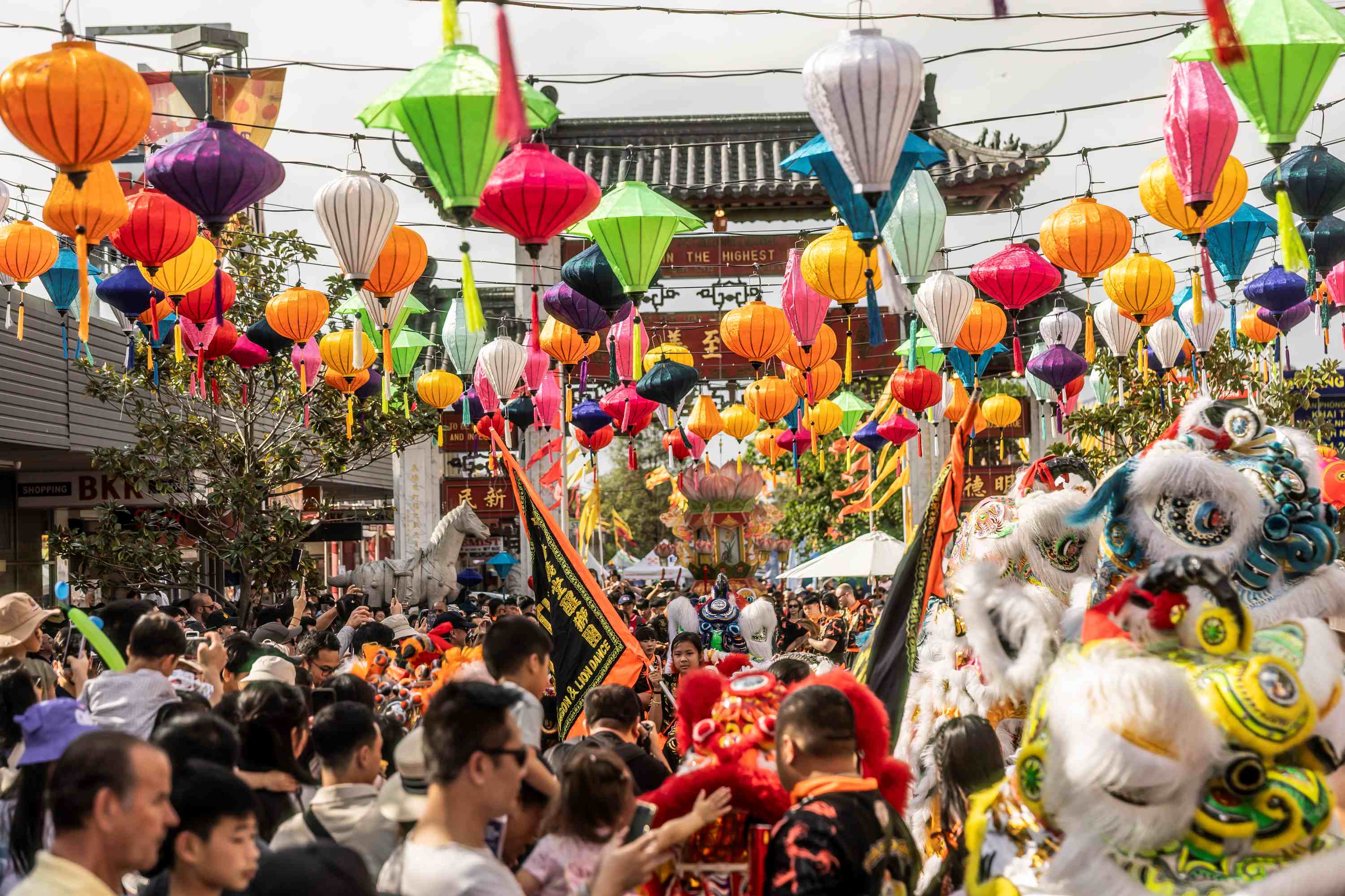 Festival crowds and lanterns filling Freedom Plaza in Cabramatta