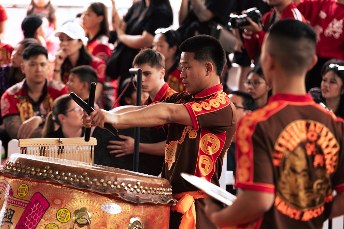A drummer performing at the National Lion Dance Competition