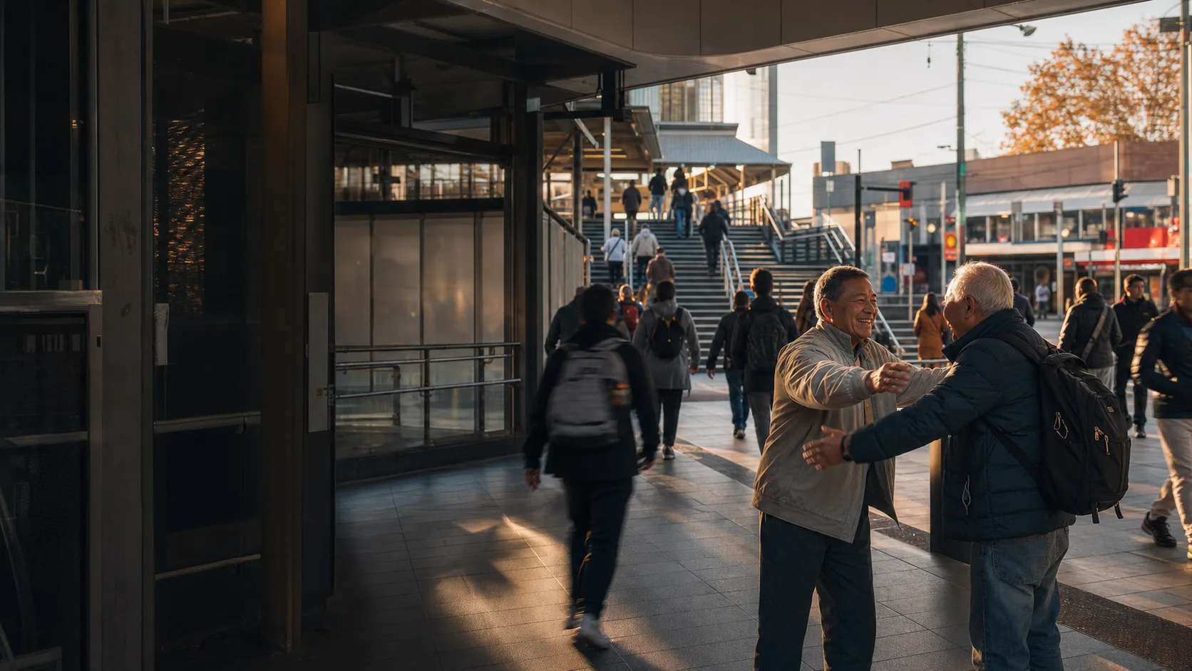 People meeting outside Cabramatta railway station today