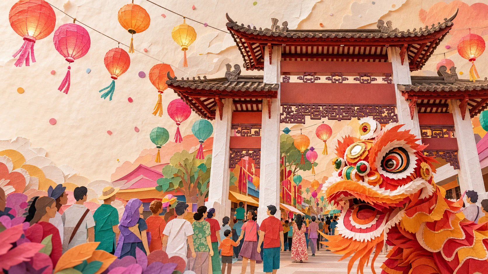 Paper-collage interpretation of the Pai Lau gateway, festival lanterns and a lion dancer